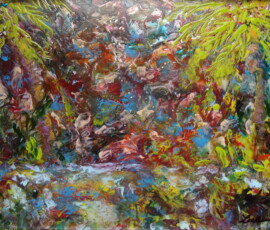 JUNGLE FEVER_This is one of my paintings that you need to slow down and look at. Once you do you will see the jungle, palm trees and water. Of course, there are always things lurking in the jungle.